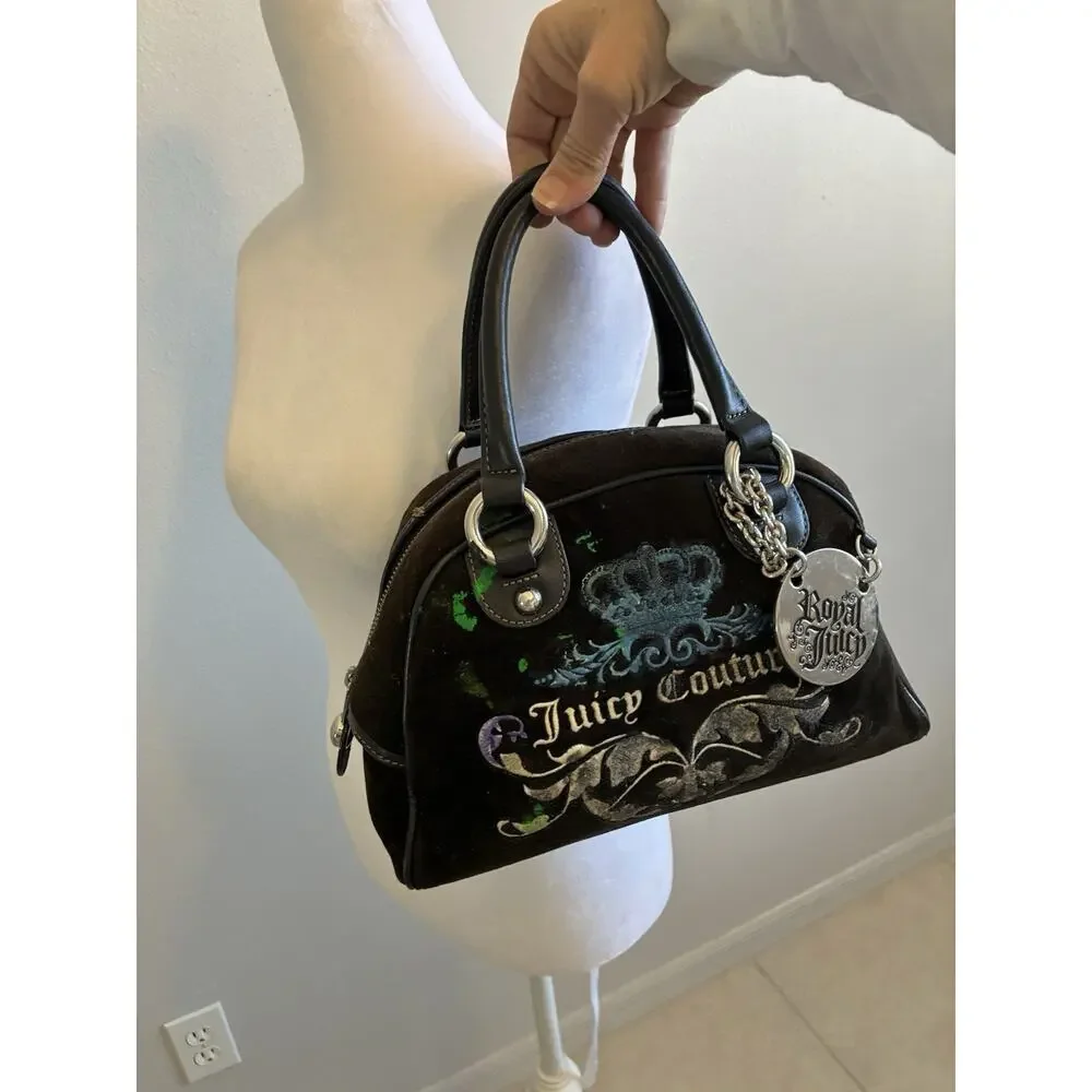 VTG Juicy Couture Bowler Bag Purse Velour Silver Royal Juicy Charm Retro Y2K